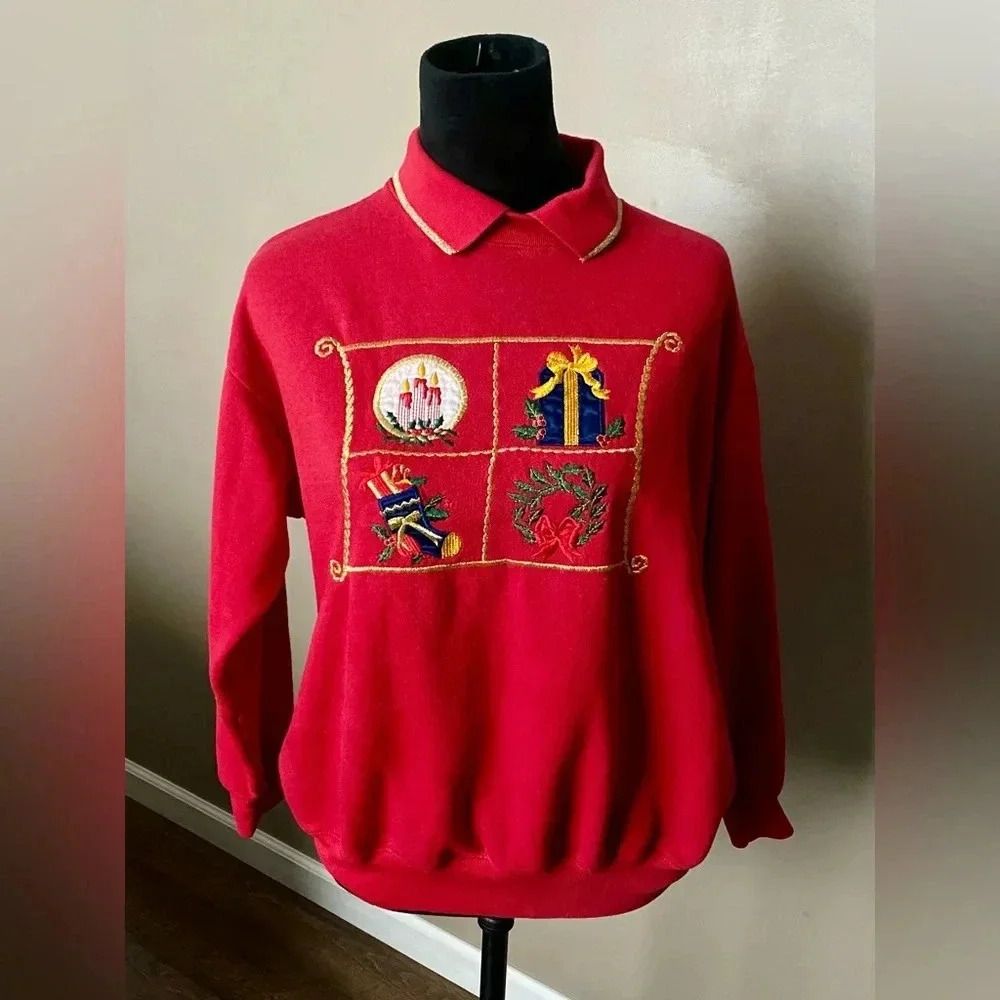 Ugly Christmas sweatshirt 80s Granny-core polo collar size M red sweater - Picture 4 of 8